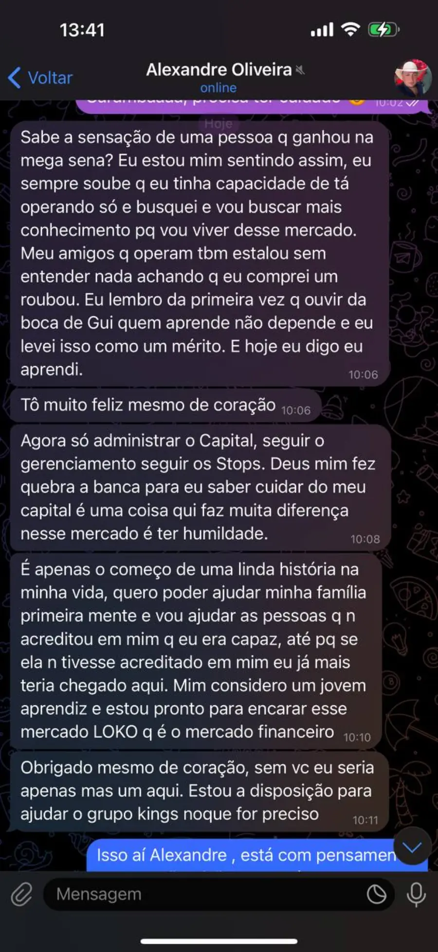 Print de conversa — Alexandre Oliveira