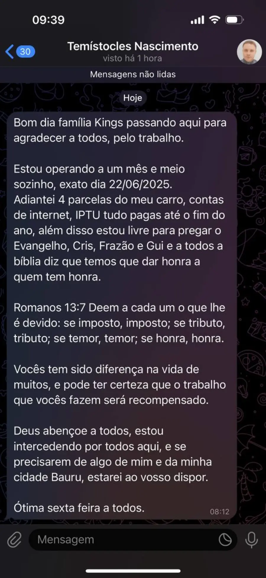 Print de conversa — Temístocles Nascimento